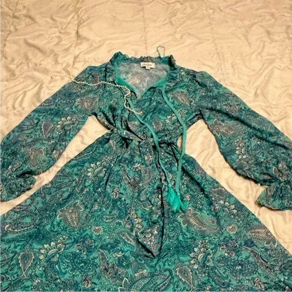 ❤️ Aura Turquoise Paisley Floral Modest Beautiful Long Sleeve Dress Blue Green - Picture 6 of 8